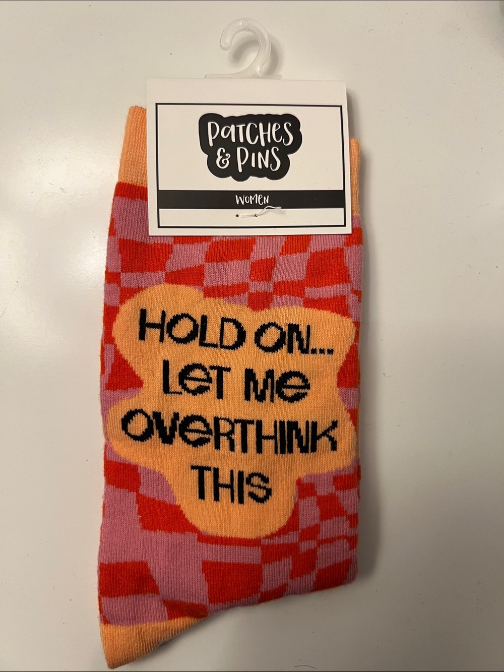 Patches & Pins - Pink & Orange Novelty Socks - Hold On... Let Me Overthink This